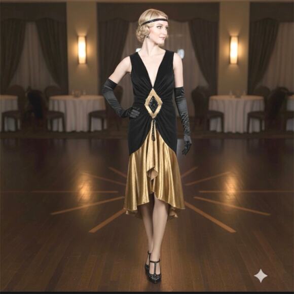 Vintage Roaring 20's Flapper Great Gatsby Black Velvet Gold Dress SZ XS Cosplay - Picture 1 of 16